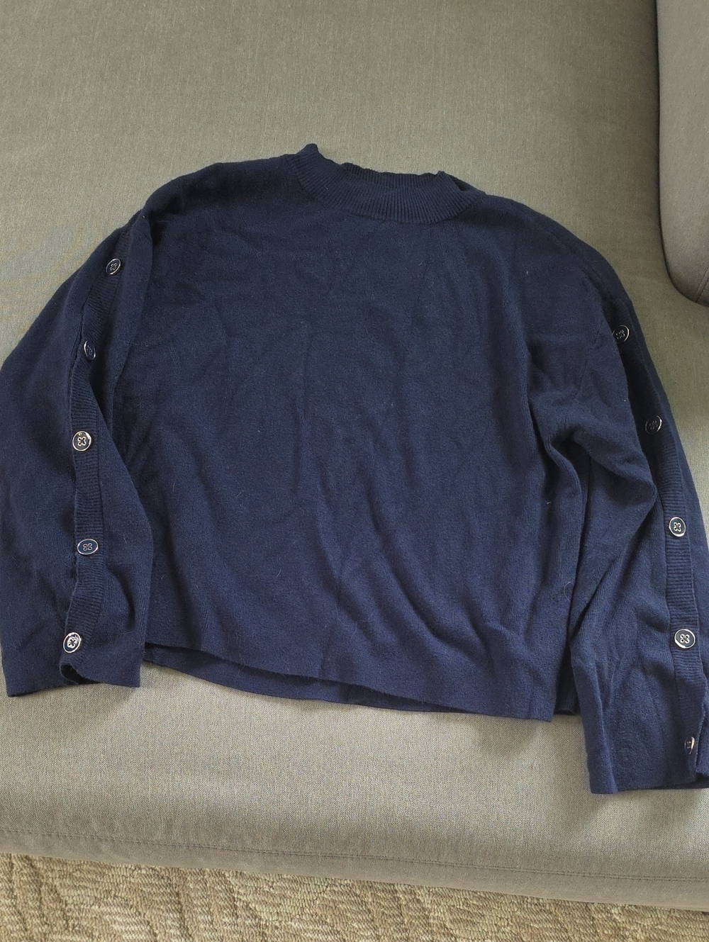 Liz Claiborne Navy Button-Sleeve Crewneck Sweater